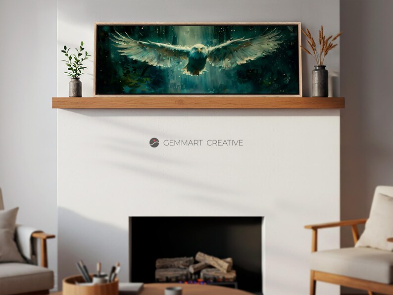 May include: A framed canvas print of a white eagle with its wings spread wide, flying through a dark green and blue forest. The eagle is in focus, and the background is blurred.