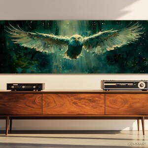 May include: A large, white eagle with a dark head and beak flies through a green and brown forest. The eagle's wings are spread wide, and its talons are extended. The background is a blurred image of trees and foliage.