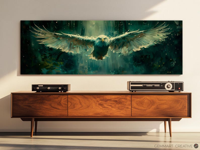 May include: A large, white eagle with a dark head and beak flies through a green and brown forest. The eagle's wings are spread wide, and its talons are extended. The background is a blurred image of trees and foliage.