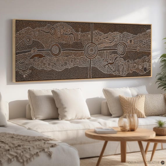 Aboriginal Dot Art Canvas | Indigenous Wall Art, Australian Native Art Print, Ethnic Tribal Boho Decor, Earthy Tones Long Horizontal Artwork