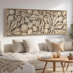 Neutral Tones Leaf Wall Art | Large Rustic Canvas Print, Vintage Botanical Panoramic Artwork, Boho Home Aesthetic, Plant Pattern Painting
