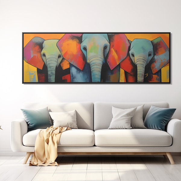 Elephant Portraits Panoramic Wall Art | Panoramic Canvas Prints |  Long Narrow Decor Elephant | Above Sofa Wall Art | Animal Painting Art