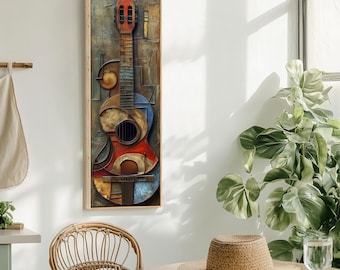 Abstract Guitar Extra Large Wall Art | Panoramic Canvas | Tall Vertical Guitar Decor | Musical Instruments Painting | Narrow Canvas Prints