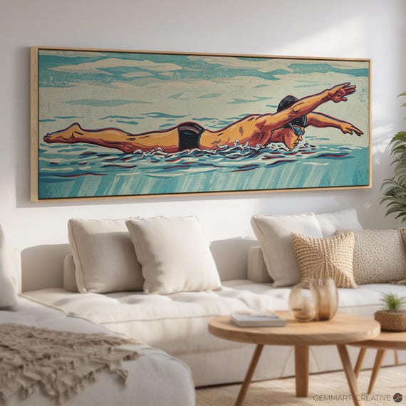Vintage Swimmer Wall Art | Summer Swimming Pool Print, Retro Sport Framed Canvas, Relaxing Sea Tranquility Art Home Decor, Pop Art Style Art