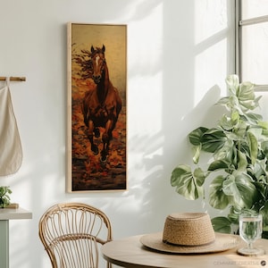 Running Horse Canvas Print | Tall Majestic Horse Wall Art | Abstract Equine Painting Narrow Artwork | Wildlife Animal Framed Modern Decor