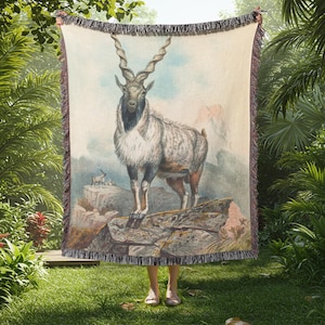 Majestic Goat Throw Blanket | Vintage Wildlife Animal Wall Tapestry | Rustic Mountain Nature Decor for Home or Office | Goat Artwork Print