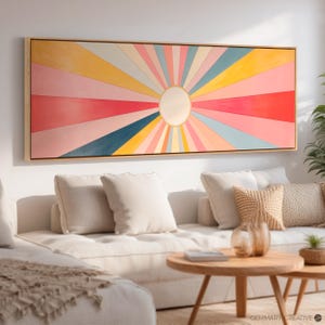 Lienzo de sol con estampado de sol en colores pastel horizontales, decoración abstracta panorámica con sol, arte bohemio enmarcado, impresión grande y ancha.