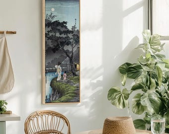 Japanese Woodblock Print Canvas | Vertical Framed Wall Art, Ukiyo-e Night Scene, Moonlit River Landscape