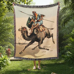 Vintage Camel Rider Wall Tapestry or Woven Blanket | Antique-Inspired Desert Home Decor | Historical Artwork Gift for Boho or Rustic Spaces