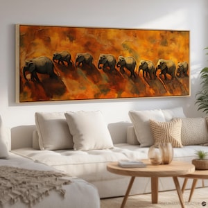 Flock of Elephant Canvas Wall Art | Panoramic African Wildlife Art, Abstract Animal Painting, Large Framed Safari Decor, Long Artwork Print