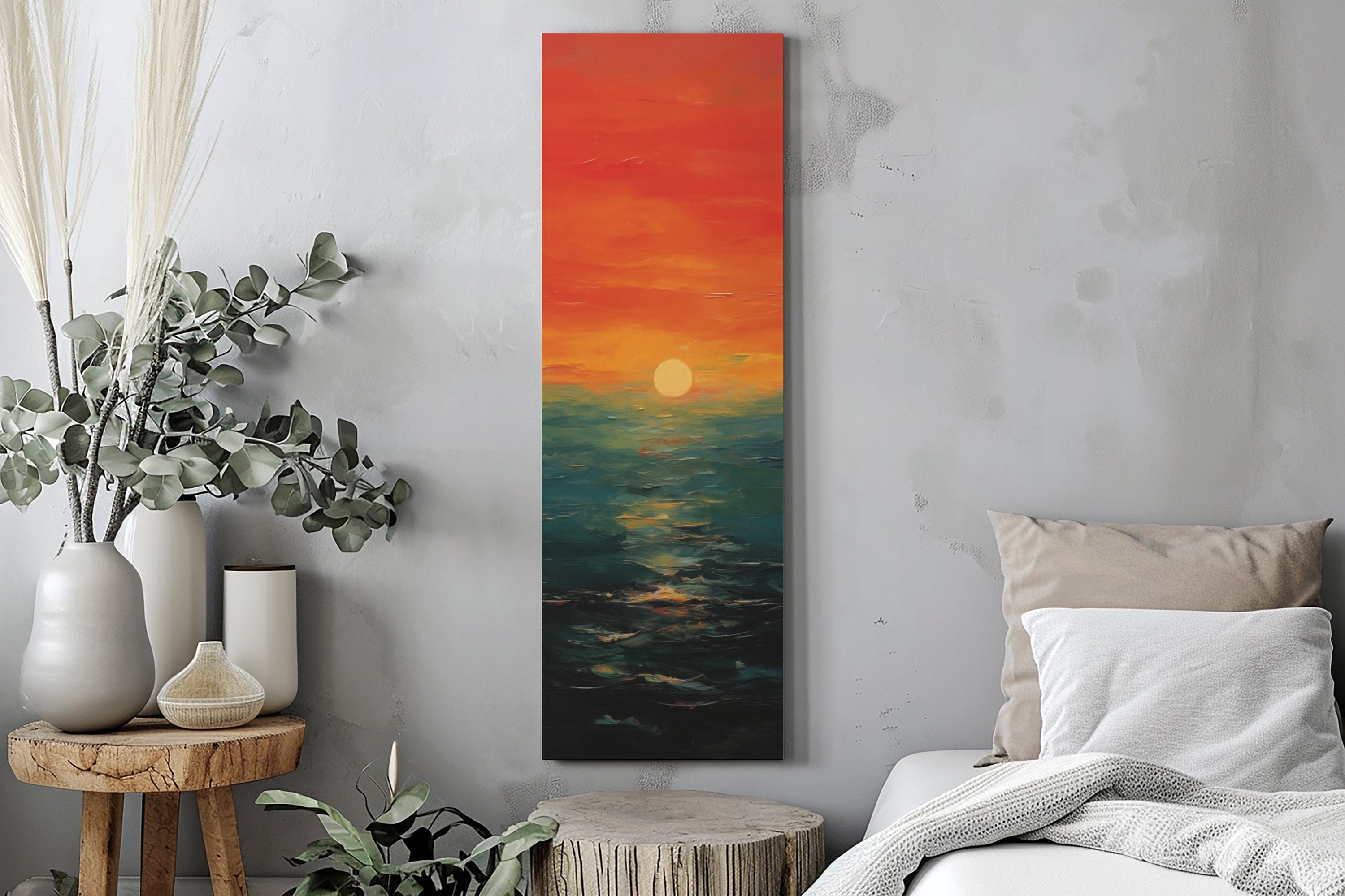 Sunset Tall Narrow Art Abstract Sun and Sea Painting Landscape Wall Art