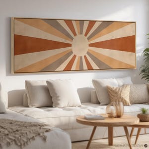 Sunburst Panoramic Wall Art | Horizontal Sun Large Canvas Print in Retro Earth Tones | Boho Retro Sun Art | Mid-Century Modern Home Decor