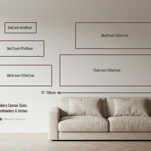 May include: A diagram showing different sizes of gallery canvas prints in inches and centimeters. The sizes range from 24x8 inches to 72x24 inches. The text "Gallery Canvas Sizes: Centimeters & Inches" is at the bottom of the diagram.