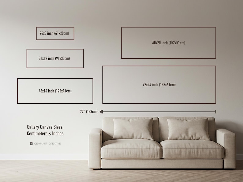 May include: A diagram showing different sizes of gallery canvas prints in inches and centimeters. The sizes range from 24x8 inches to 72x24 inches. The text "Gallery Canvas Sizes: Centimeters & Inches" is at the bottom of the diagram.