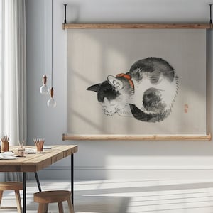 眠っている猫の壁掛けタペストリー | 日本のウォールアート | 大きな壁掛けタペストリー | タペストリー壁掛け | ホームデコレーション | 河野楳嶺による日本のアートワーク