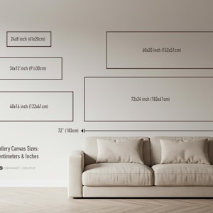 May include: A chart showing different sizes of gallery canvas prints in inches and centimeters. The chart shows the dimensions of the canvas prints ranging from 24x8 inches to 72x24 inches. The text "Gallery Canvas Sizes: Centimeters & Inches" is at the bottom of the chart.
