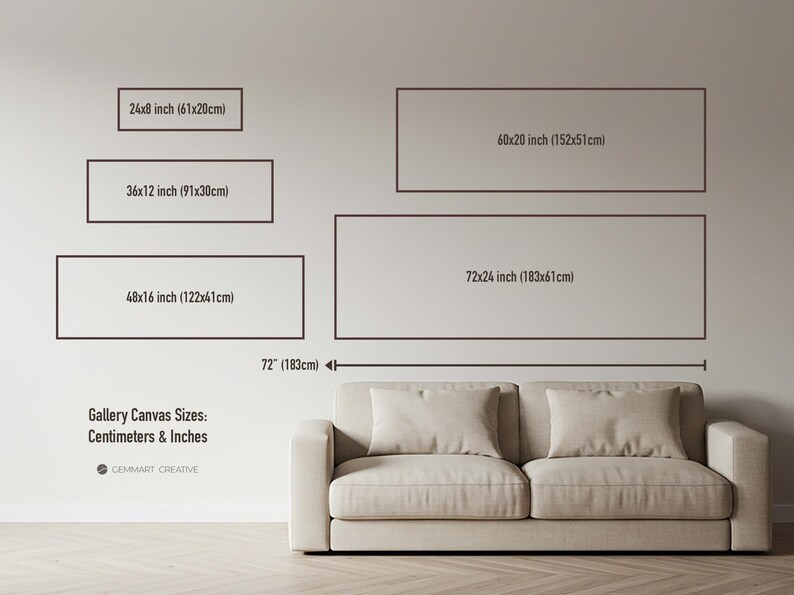May include: A chart showing different sizes of gallery canvas prints in inches and centimeters. The chart shows the dimensions of the canvas prints ranging from 24x8 inches to 72x24 inches. The text "Gallery Canvas Sizes: Centimeters & Inches" is at the bottom of the chart.