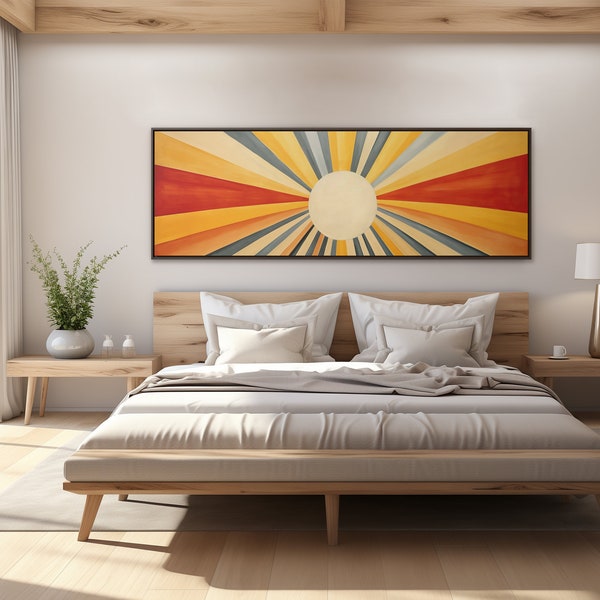 Sun And Sunburst Large Horizontal Canvas Painting | Long Panoramic Wall Art | Abstract Framed Decor | Modern Minimalist Boho Canvas Print