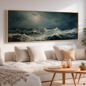 Stürmische Meerlandschaft Wandbild, Meereswellen Panoramabild, Großes Küsten Gemälde, Grau Blau Maritimes Dekor mit Rahmen, Kunst Gemälde