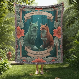 Custom Fox Couple Blanket or Tapestry | Personalized Romantic Wall Art Gift for Couples | Cottagecore Wedding Blanket | Mr & Mrs Anniversary