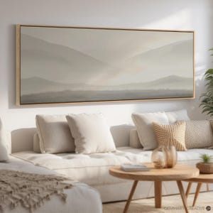 Foggy Neutral Wall Art | Minimalist Mountain Landscape, Abstract Painting, Hill Canvas Print, Modern Framed Artwork for Farmhouse Decor