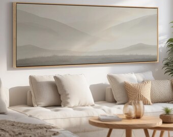 Foggy Neutral Wall Art | Minimalist Mountain Landscape, Abstract Painting, Hill Canvas Print, Modern Framed Artwork for Farmhouse Decor
