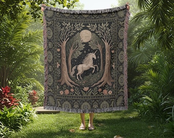 Mystical Unicorn Forest Wall Tapestry or Blanket Woven | Dark Magical Moonlit Fairytale Decor | Medieval Aesthetic Cottagecore Witchy Gift