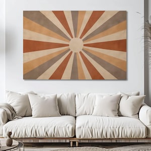 Retro Sunburst Canvas Wall Art | Horizontal Modern Boho Sun Print | Abstract Sunrise Framed Wall Hanging, Wall Decor for Living Room Bedroom