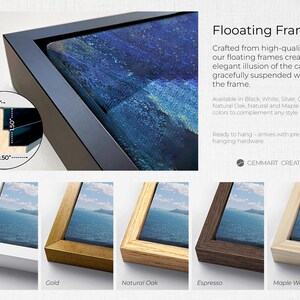 May include: Floating frames for canvas prints in various wood finishes, including black, white, gold, natural oak, espresso, and maple wood. The frames are crafted from high-quality wood and create an elegant illusion of the canvas print being suspended within the frame. The frames are ready to hang and come with pre-installed hanging hardware. Gemmart Creative.