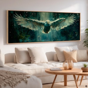 May include: A white eagle with its wings spread wide soars through a dark green forest with a light blue sky in the background. The eagle's eyes are focused on the viewer. The image is painted in a watercolor style.