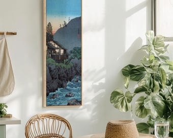 Traditional Japanese Ukiyo-e Woodblock Canvas Print | Serene Mountain & River Scene Framed Wall Art