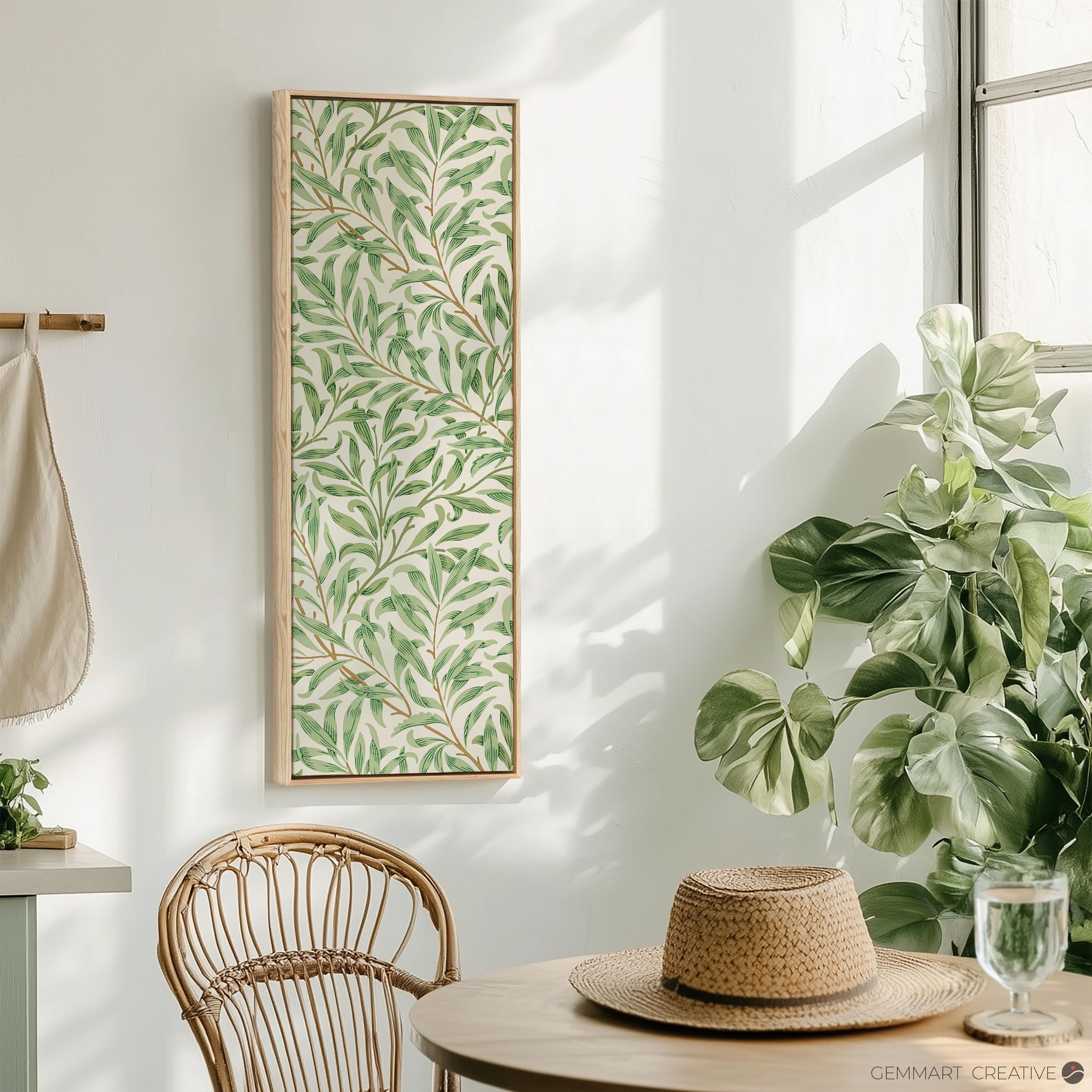 Sage Green Botanical Framed Canvas Art: Minimalist Leaf Painting
