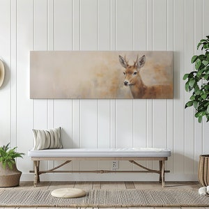 Deer Large Canvas Wall Art | Large Horizontal Animal Painting | Abstract Panoramic Wall Art | Framed Beige Minimalist Print | Deer Art Print