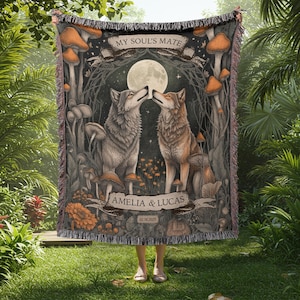 Wolf Couple Personalized Wall Tapestry | Valentine's Day Custom Blanket | Woodland Forest Moon Print | Couple Anniversary Gift Custom Name