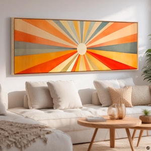 Retro Sunburst Panoramic Wall Art | Horizontal Boho Sun Canvas Print | Long Mid Century Modern Wall Hanging | Wide Minimalist Framed Artwork