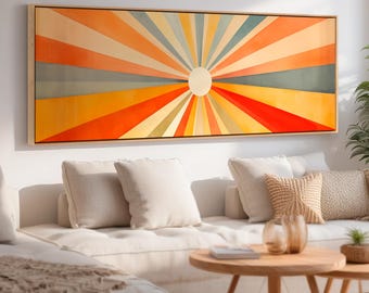 Retro Sunburst Panoramic Wall Art | Horizontal Boho Sun Canvas Print | Long Mid Century Modern Wall Hanging | Wide Minimalist Framed Artwork