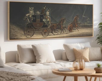Dramatic Stagecoach Panoramic Canvas | Carriage Ride Painting, Equestrian Wall Art