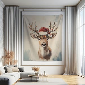 サンタ帽子をかぶったお祭りの鹿の壁掛けタペストリー | 素朴なクリスマスのトナカイの絵画プリント | 心地よいホリデー壁掛け装飾 | かわいいクリスマスギフト