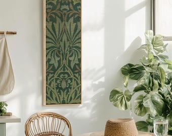 Green Vintage Botanical Tall Canvas Wall Art | Art Nouveau Floral Tapestry Print