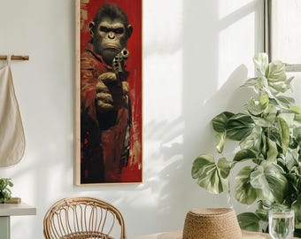 Lienzo de mono distópico / Arte mural de mono pistolero caballero, estampado animal moderno y divertido, decoración gótica de cueva de hombre, pintura vertical enmarcada