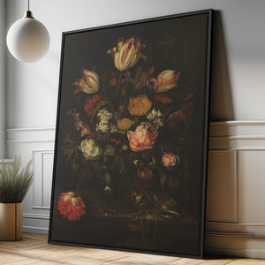 Still Life with Flowers Canvas Artwork | Vintage Oil Painting | Farmhouse Botanical Giclee Print | Moody Wall Art | Framed Dark Academia Art