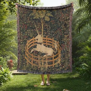 Medieval Unicorn Woven Throw Blanket | Gothic Unicorn in Captivity Wall Tapestry | Vintage Woodland Cottagecore Art | Renaissance Home Decor