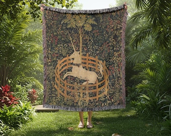 Medieval Unicorn Woven Throw Blanket | Gothic Unicorn in Captivity Wall Tapestry | Vintage Woodland Cottagecore Art | Renaissance Home Decor