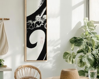 Japanese Dragon Ink Painting Canvas Wall Art, Black and White Zen Asian Decor, Minimalist Scroll Print, Sumi-e Art