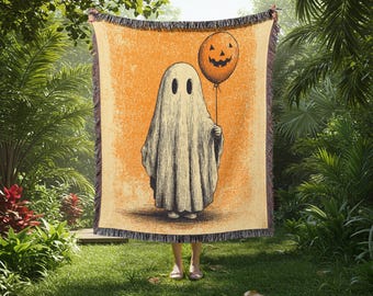 Ghost and Pumpkin Balloon Woven Throw Blanket | Halloween Tapestry