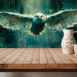 May include: A wooden table with a rustic finish sits in front of a painting of a blue eagle with outstretched wings flying through a green forest. A white pitcher with red and green floral pattern and a white teacup with a red and green floral pattern are on the table.