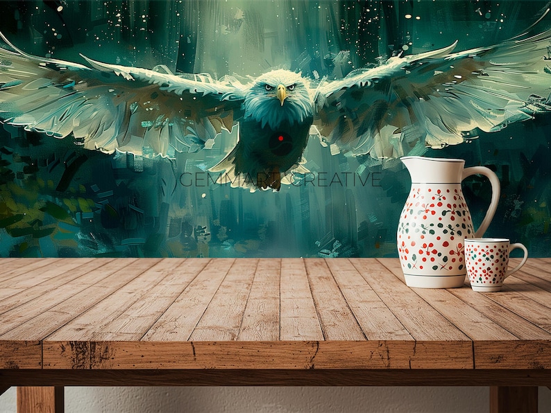 May include: A wooden table with a rustic finish sits in front of a painting of a blue eagle with outstretched wings flying through a green forest. A white pitcher with red and green floral pattern and a white teacup with a red and green floral pattern are on the table.