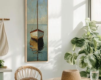Arte náutico de pared para casa de lago / Impresión rústica en lienzo de barco / Decoración de playa enmarcada / Pintura costera alta y estrecha / Arte abstracto de paisaje marino