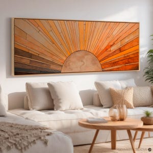 Sunburst Painting Wall Art | Panoramic Canvas Print | Minimalist Boho Sun Decor | Abstract Horizontal Sunrise Print | Framed Trendy Wall Art