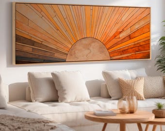 Sunburst Painting Wall Art | Panoramic Canvas Print | Minimalist Boho Sun Decor | Abstract Horizontal Sunrise Print | Framed Trendy Wall Art